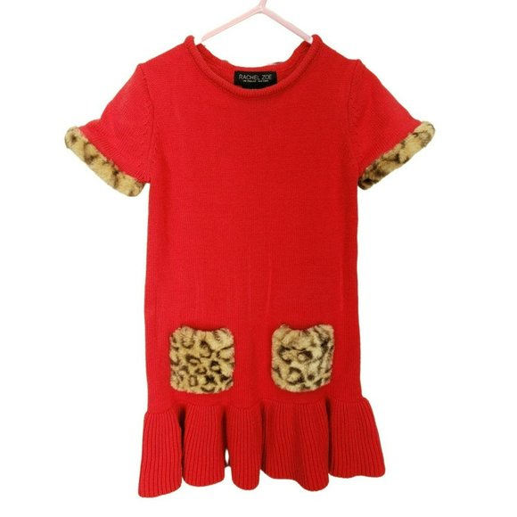 Rachel Zoe‎ Girls Red Leopard Fur Lined Pockets Sweater Dress Size 6x - Picture 1 of 10